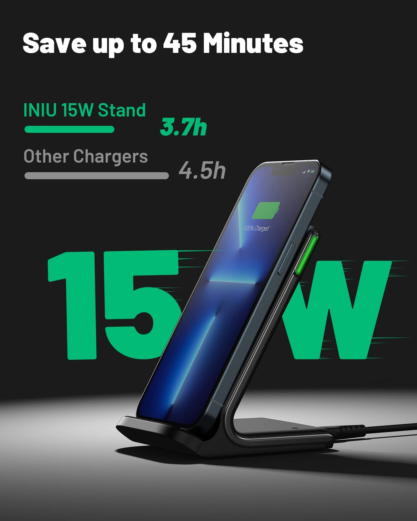 INIU Wireless Charger, 15W Fast Qi-Certified Wireless Charging Station with Sleep-Friendly Adaptive Light Compatible with iPhone 16 15 14 13 Pro XS 8 Plus Samsung Galaxy S23 S22 S21 Note 20 Google etc