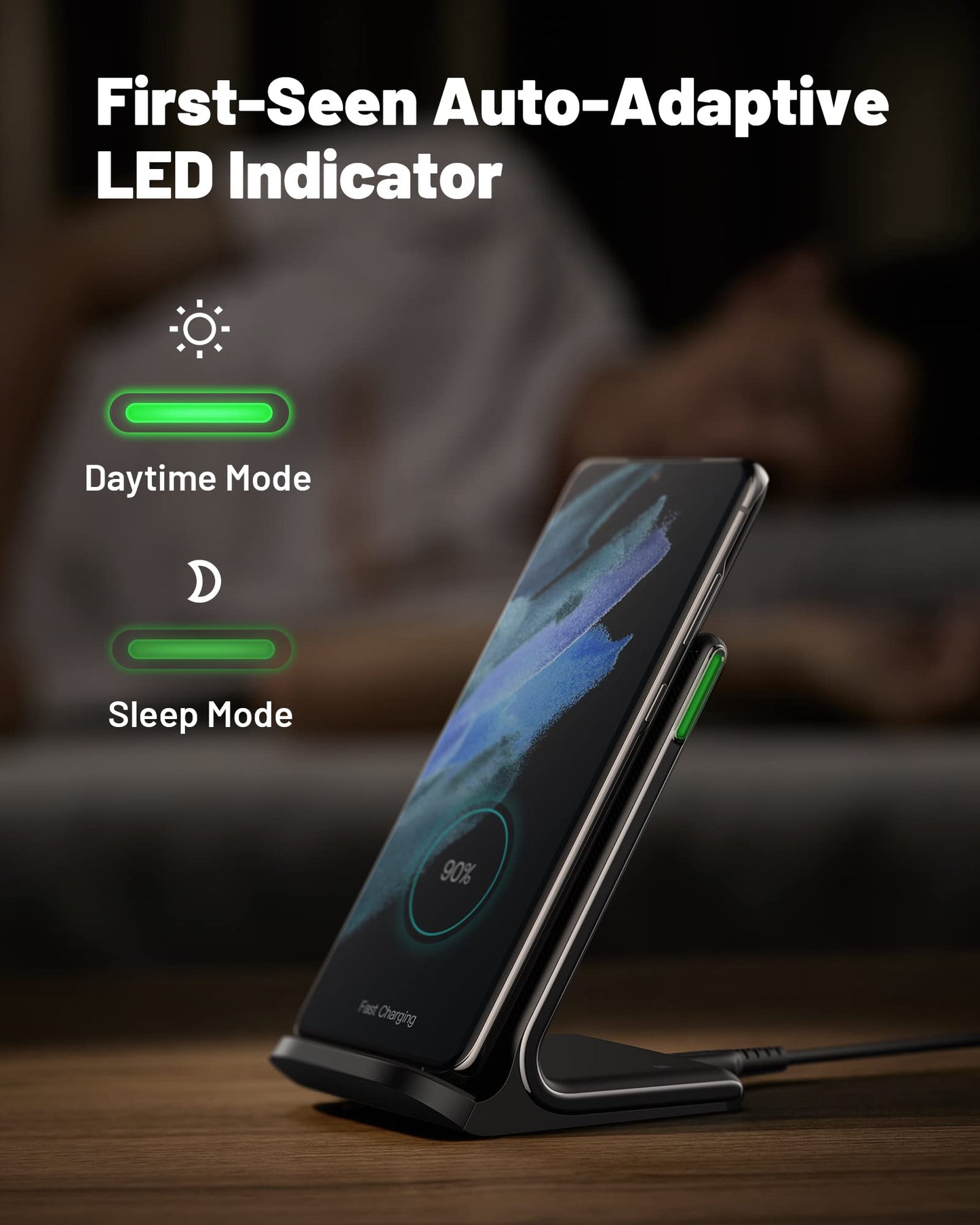 INIU Wireless Charger, 15W Fast Qi-Certified Wireless Charging Station with Sleep-Friendly Adaptive Light Compatible with iPhone 16 15 14 13 Pro XS 8 Plus Samsung Galaxy S23 S22 S21 Note 20 Google etc