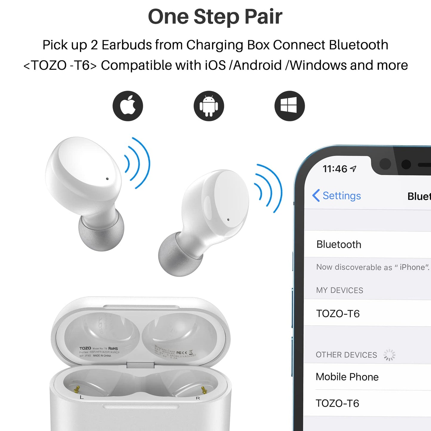 TOZO T6 True Wireless Earbuds Bluetooth 5.3 Headphones 45H Long Playtime, Wireless Charging Case, IPX8 Waterproof Stereo Earphones, Built-in Mic Calls, Headset Premium Deep Bass 32 Preset EQs via APP