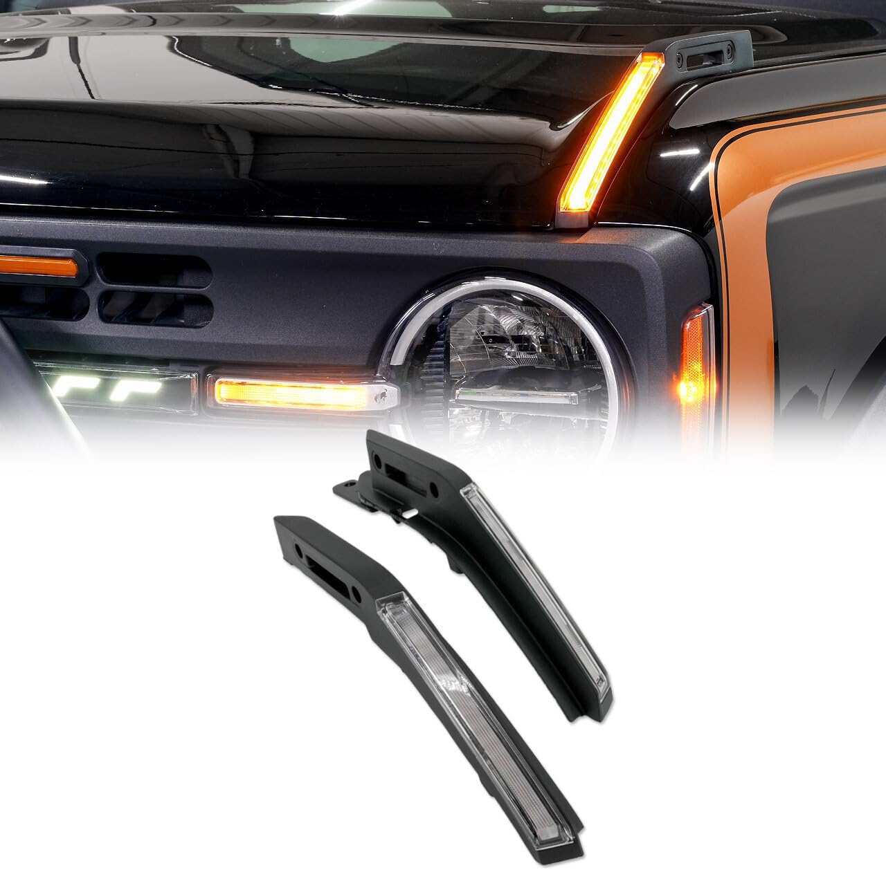 IAG I-Line Hood Trail Marker w/LED Lights, Matte Black for Ford Bronco 2021+ 2/4 Door (Not Sport)