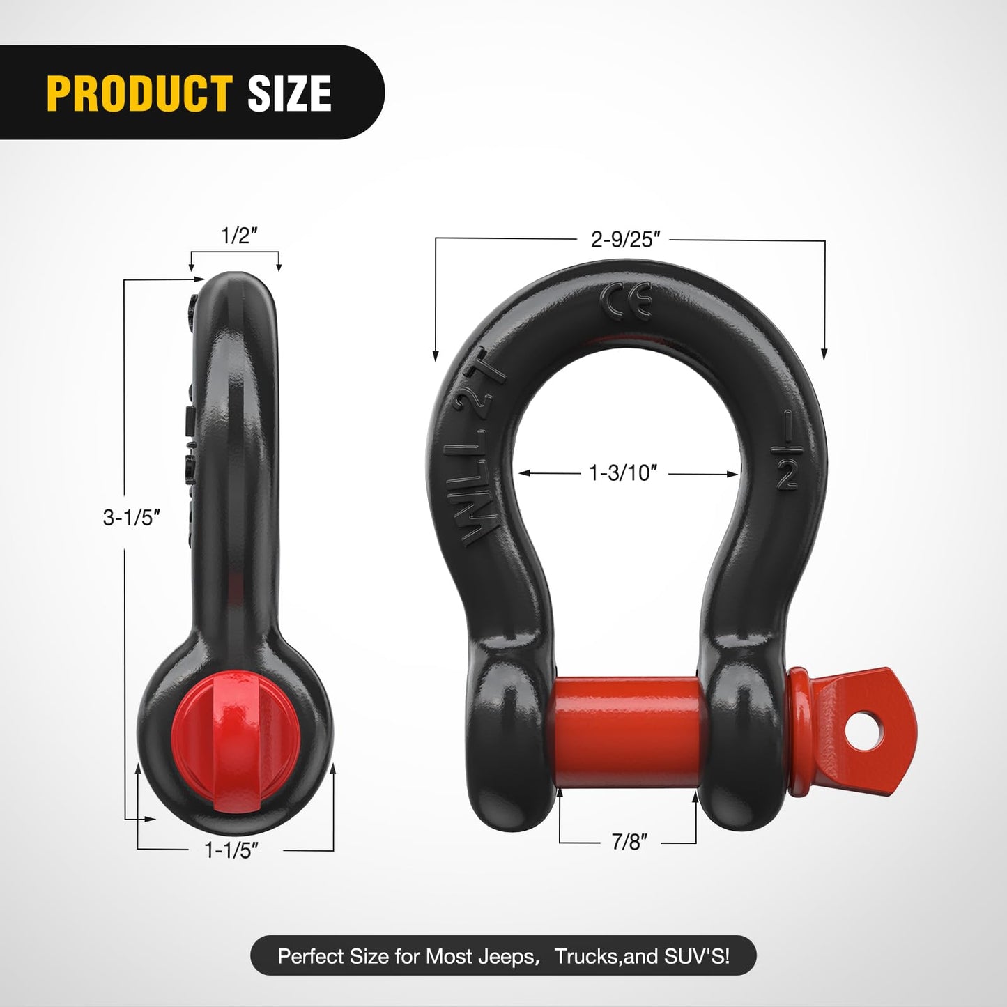 Nilight 2 Pack 3/4" D-Ring Shackle 4.75 Ton (9500 Lbs) Capacity with 7/8" Pin Heavy Duty Off Road Recovery Shackle with Isolators & Washer Kit for Jeep Truck Vehicle, Red (90053B)