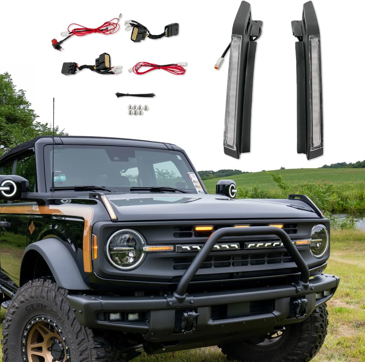 IAG I-Line Hood Trail Marker w/LED Lights, Matte Black for Ford Bronco 2021+ 2/4 Door (Not Sport)