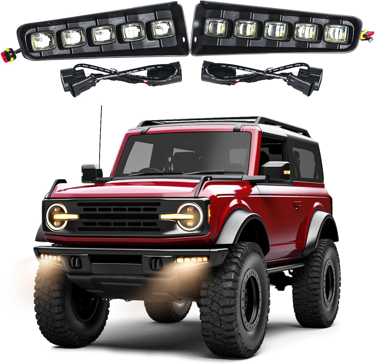 LEPZ LED Fog Lights Assembly Compatible For Ford Bronco 2021 2022 2023 2/4-Door,LED Modular Bumper Fog Lights Kit For Bronco Dual Function Accessories,Amber/Clear Fog Assemblies Daytime Running Light