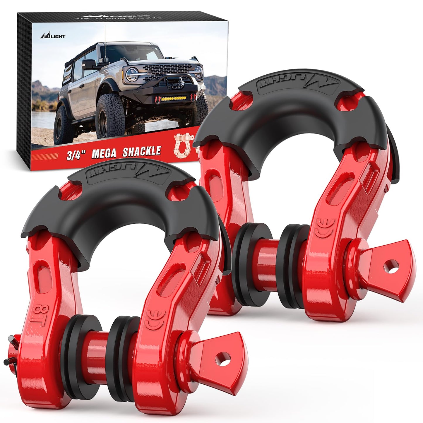 Nilight 2 Pack 3/4" D-Ring Shackle 4.75 Ton (9500 Lbs) Capacity with 7/8" Pin Heavy Duty Off Road Recovery Shackle with Isolators & Washer Kit for Jeep Truck Vehicle, Red (90053B)