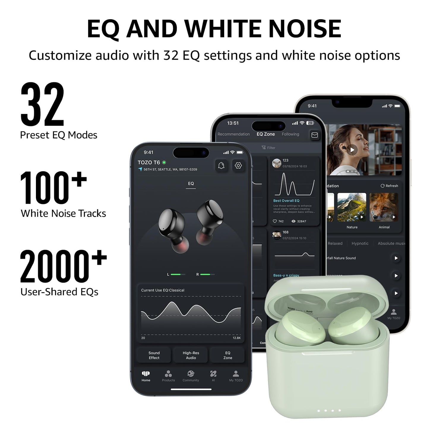 TOZO T6 True Wireless Earbuds Bluetooth 5.3 Headphones 45H Long Playtime, Wireless Charging Case, IPX8 Waterproof Stereo Earphones, Built-in Mic Calls, Headset Premium Deep Bass 32 Preset EQs via APP