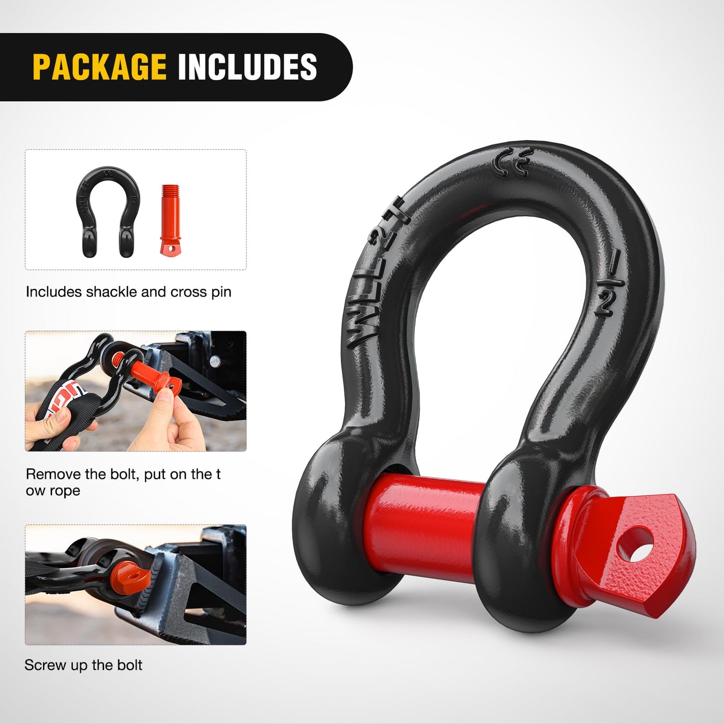 Nilight 2 Pack 3/4" D-Ring Shackle 4.75 Ton (9500 Lbs) Capacity with 7/8" Pin Heavy Duty Off Road Recovery Shackle with Isolators & Washer Kit for Jeep Truck Vehicle, Red (90053B)