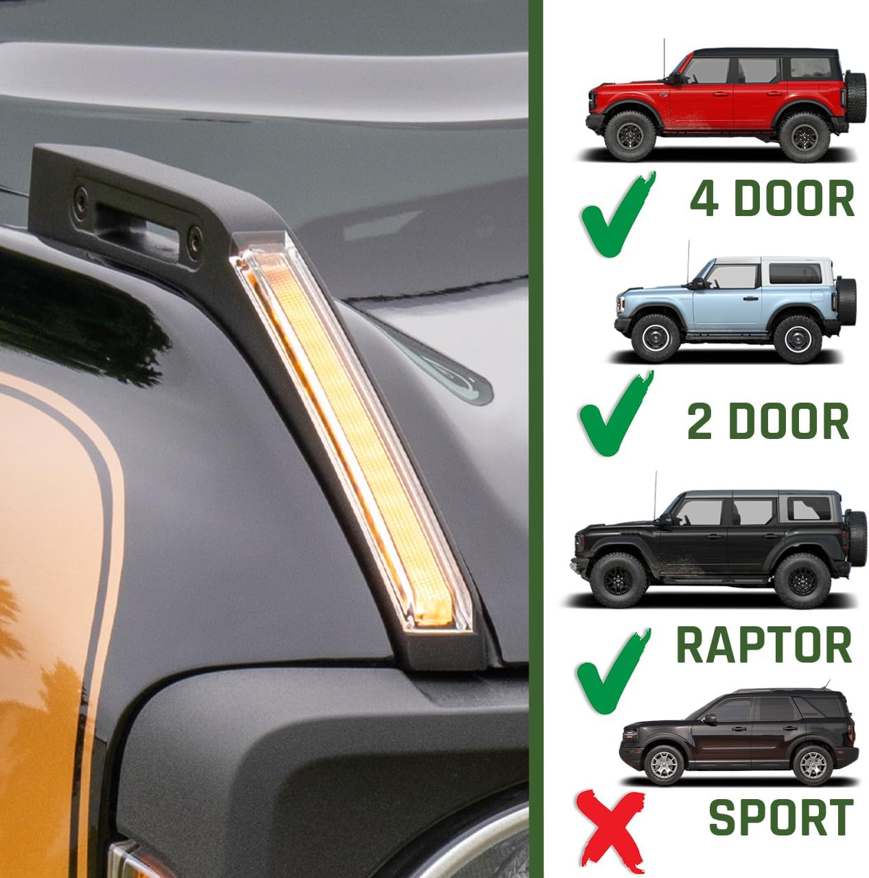 IAG I-Line Hood Trail Marker w/LED Lights, Matte Black for Ford Bronco 2021+ 2/4 Door (Not Sport)