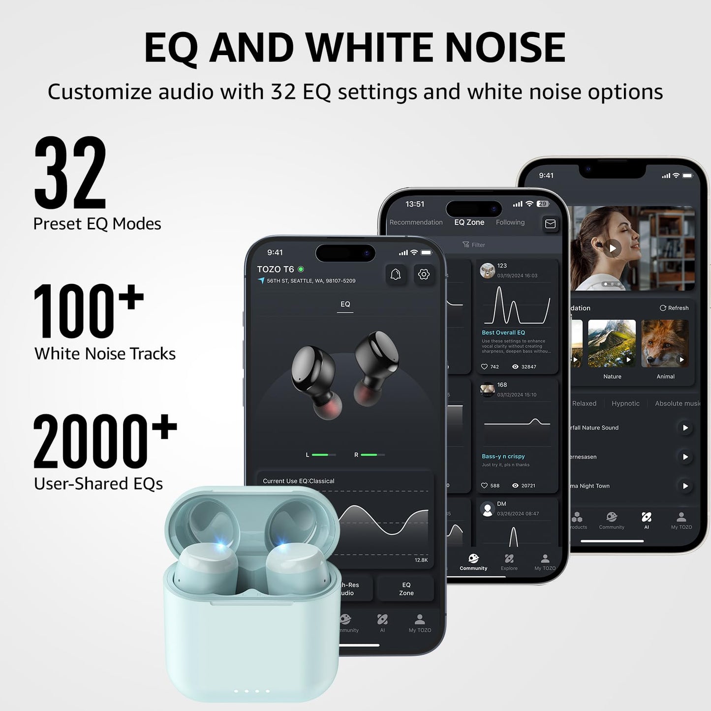 TOZO T6 True Wireless Earbuds Bluetooth 5.3 Headphones 45H Long Playtime, Wireless Charging Case, IPX8 Waterproof Stereo Earphones, Built-in Mic Calls, Headset Premium Deep Bass 32 Preset EQs via APP