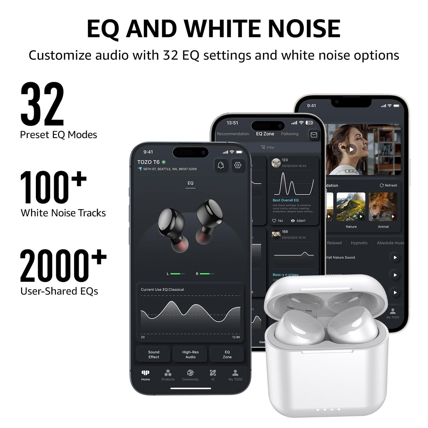 TOZO T6 True Wireless Earbuds Bluetooth 5.3 Headphones 45H Long Playtime, Wireless Charging Case, IPX8 Waterproof Stereo Earphones, Built-in Mic Calls, Headset Premium Deep Bass 32 Preset EQs via APP