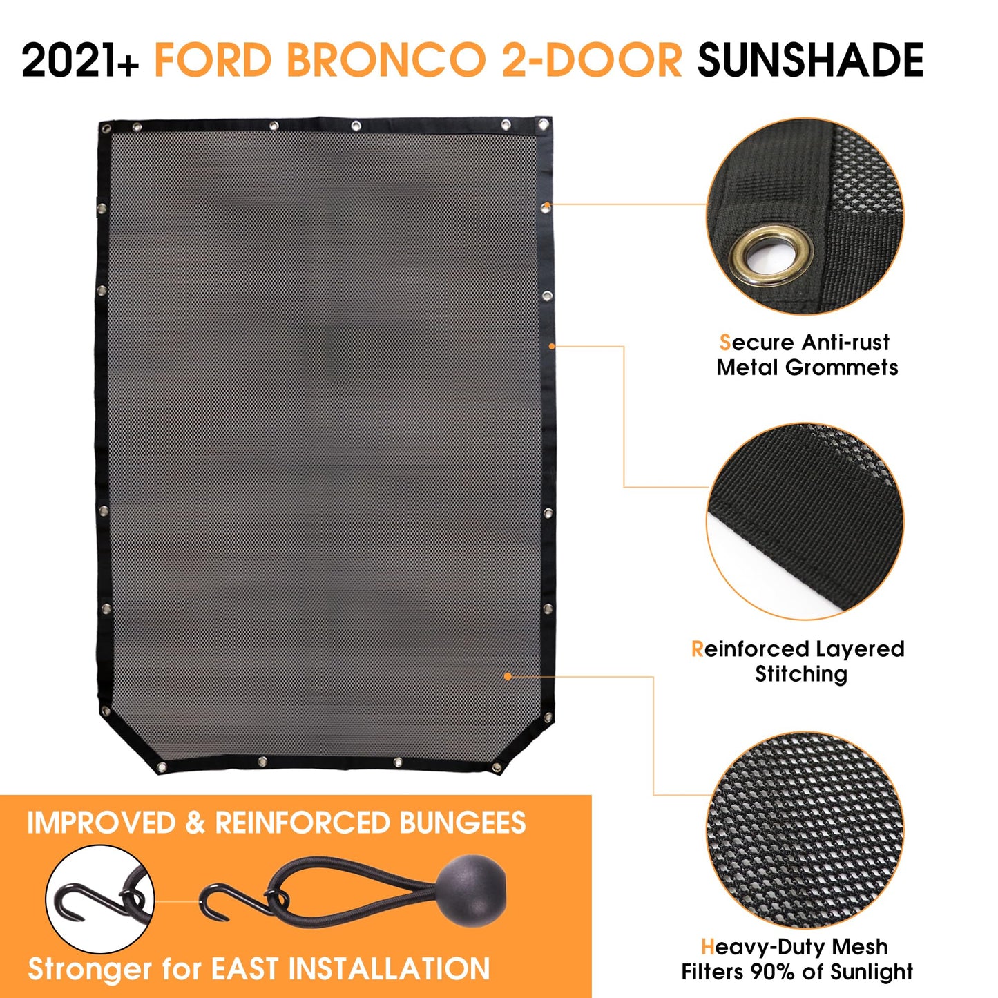 BESTAOO Sunshade for Ford Bronco Accessories 2021 2022 2023 2024 2025 4 Door, Front & Rear Full Length Mesh Sun Shade Bimini Top Cover for Bronco 4 Door - Blocks UV, Wind, Noise (USA Flag)