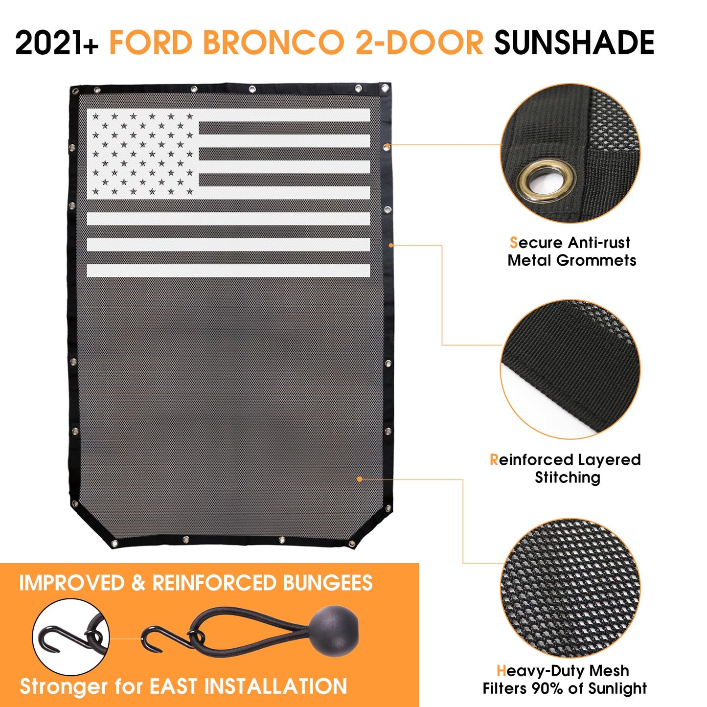 BESTAOO Sunshade for Ford Bronco Accessories 2021 2022 2023 2024 2025 4 Door, Front & Rear Full Length Mesh Sun Shade Bimini Top Cover for Bronco 4 Door - Blocks UV, Wind, Noise (USA Flag)