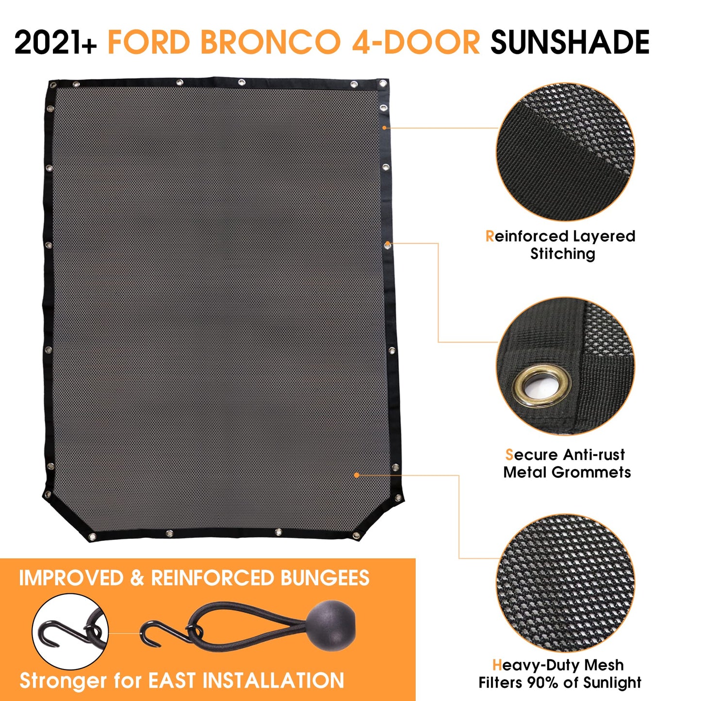 BESTAOO Sunshade for Ford Bronco Accessories 2021 2022 2023 2024 2025 4 Door, Front & Rear Full Length Mesh Sun Shade Bimini Top Cover for Bronco 4 Door - Blocks UV, Wind, Noise (USA Flag)