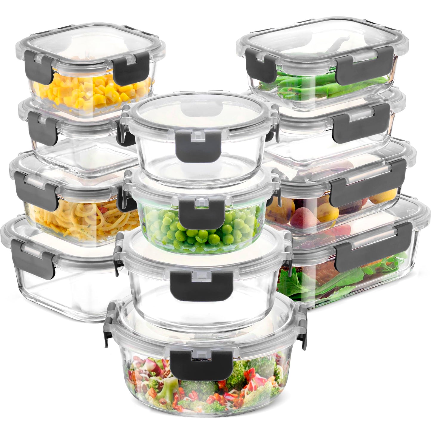 FineDine 24 Piece Glass Storage Containers with Lids - Leak Proof, Dishwasher Safe Glass Food Storage Containers for Meal Prep or Leftovers (Blue, 12 Piece)