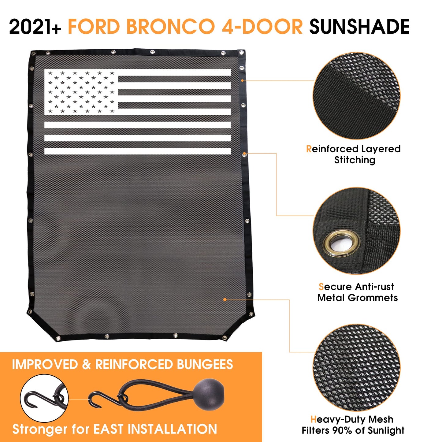 BESTAOO Sunshade for Ford Bronco Accessories 2021 2022 2023 2024 2025 4 Door, Front & Rear Full Length Mesh Sun Shade Bimini Top Cover for Bronco 4 Door - Blocks UV, Wind, Noise (USA Flag)