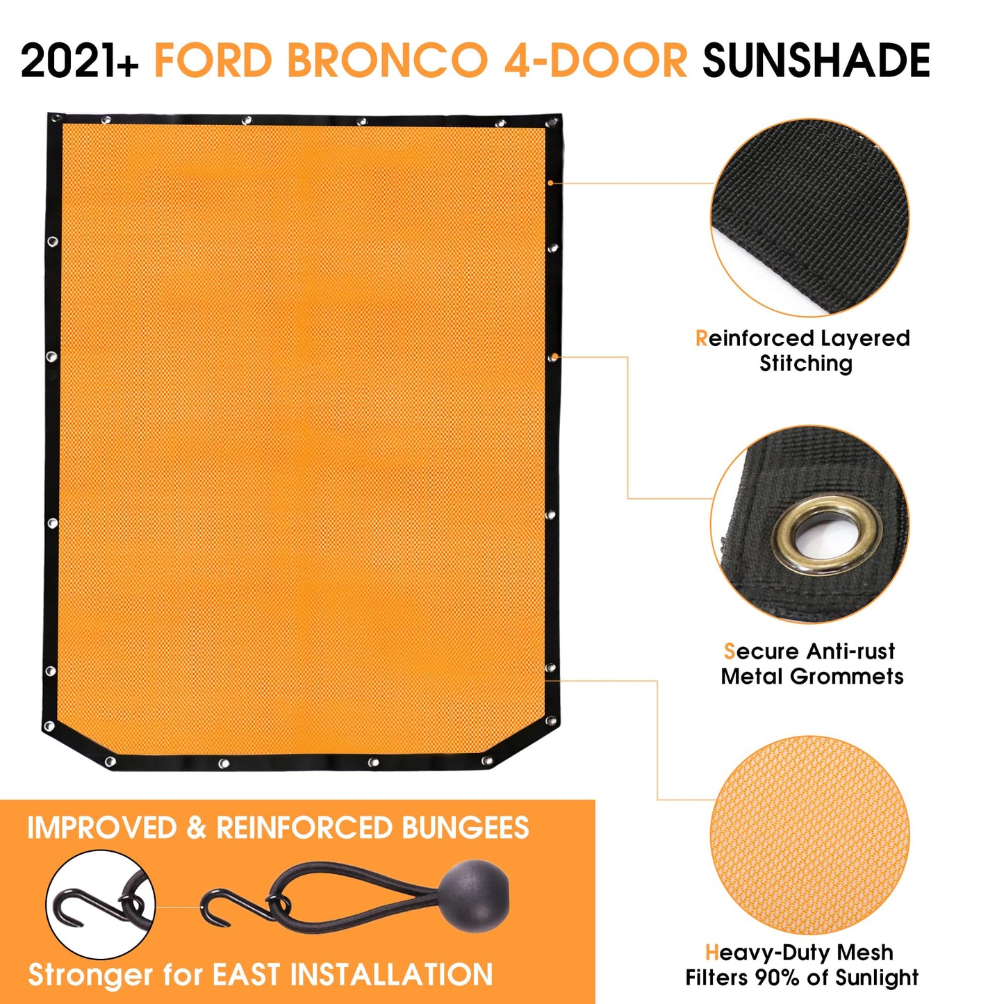 BESTAOO Sunshade for Ford Bronco Accessories 2021 2022 2023 2024 2025 4 Door, Front & Rear Full Length Mesh Sun Shade Bimini Top Cover for Bronco 4 Door - Blocks UV, Wind, Noise (USA Flag)