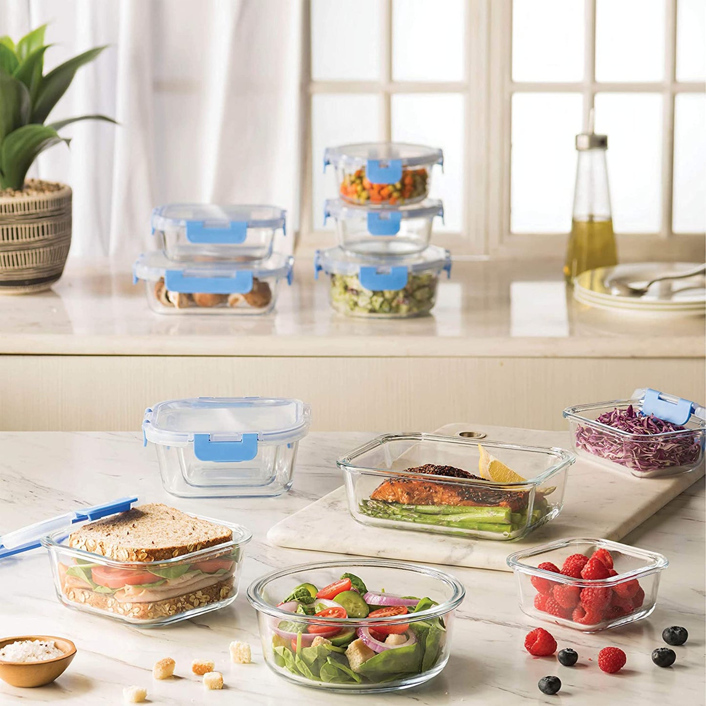 FineDine 24 Piece Glass Storage Containers with Lids - Leak Proof, Dishwasher Safe Glass Food Storage Containers for Meal Prep or Leftovers (Blue, 12 Piece)