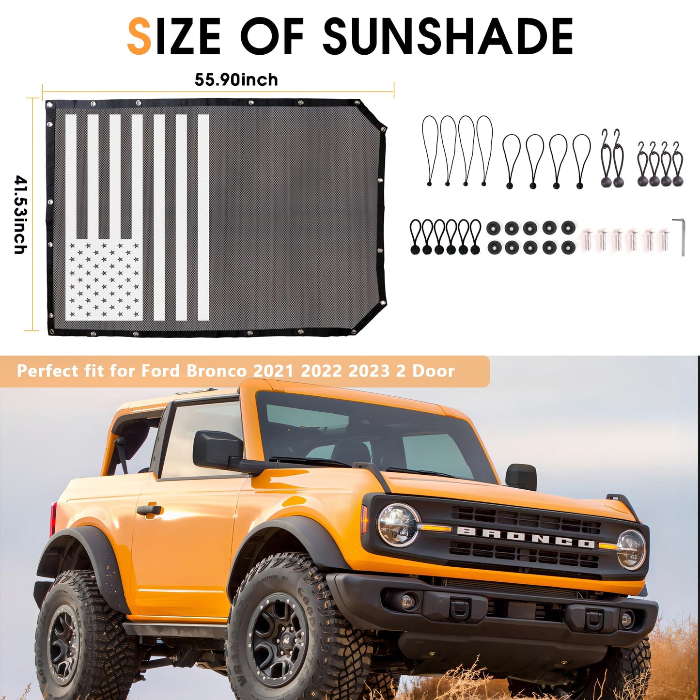 BESTAOO Sunshade for Ford Bronco Accessories 2021 2022 2023 2024 2025 4 Door, Front & Rear Full Length Mesh Sun Shade Bimini Top Cover for Bronco 4 Door - Blocks UV, Wind, Noise (USA Flag)