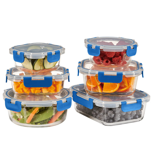 FineDine 24 Piece Glass Storage Containers with Lids - Leak Proof, Dishwasher Safe Glass Food Storage Containers for Meal Prep or Leftovers (Blue, 12 Piece)