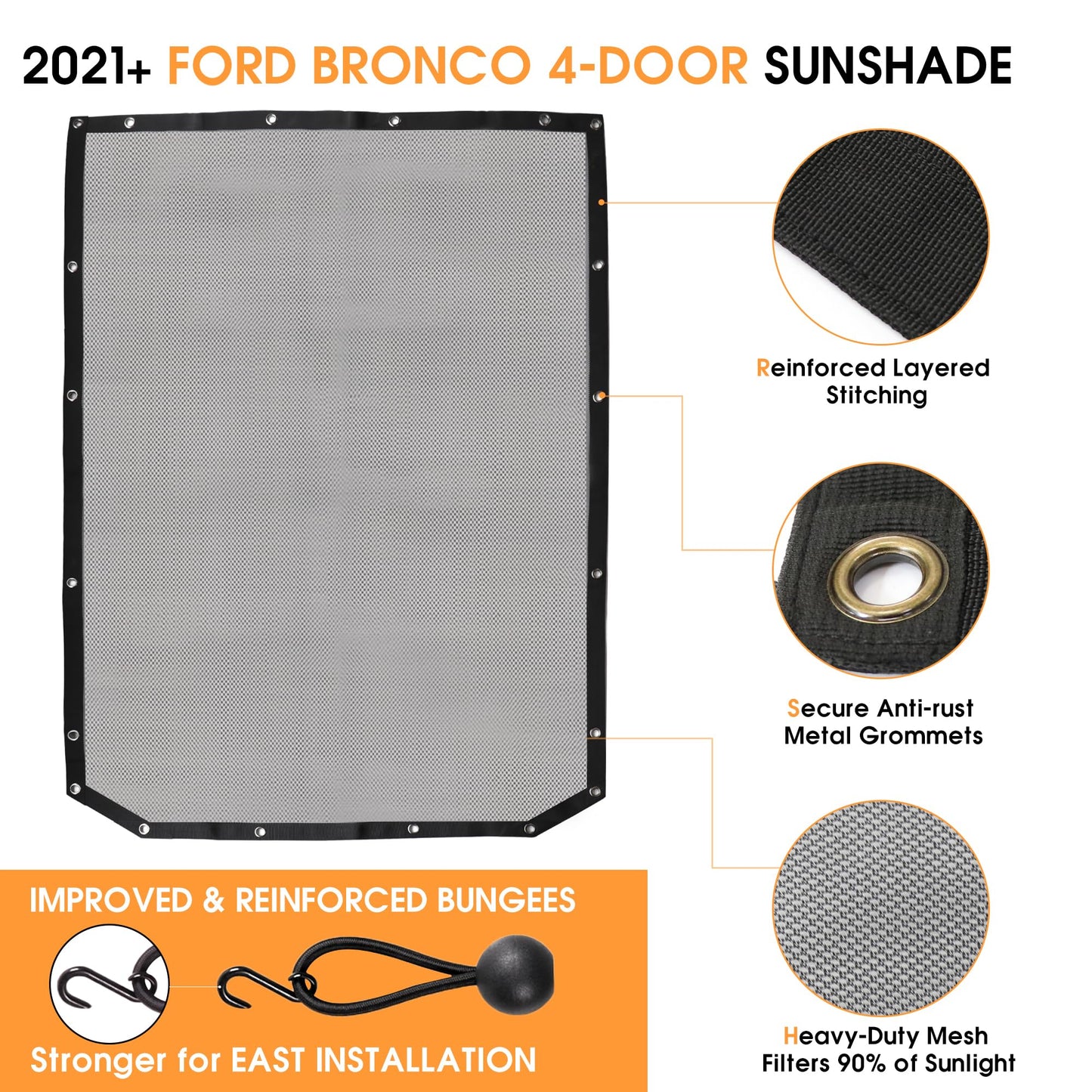 BESTAOO Sunshade for Ford Bronco Accessories 2021 2022 2023 2024 2025 4 Door, Front & Rear Full Length Mesh Sun Shade Bimini Top Cover for Bronco 4 Door - Blocks UV, Wind, Noise (USA Flag)