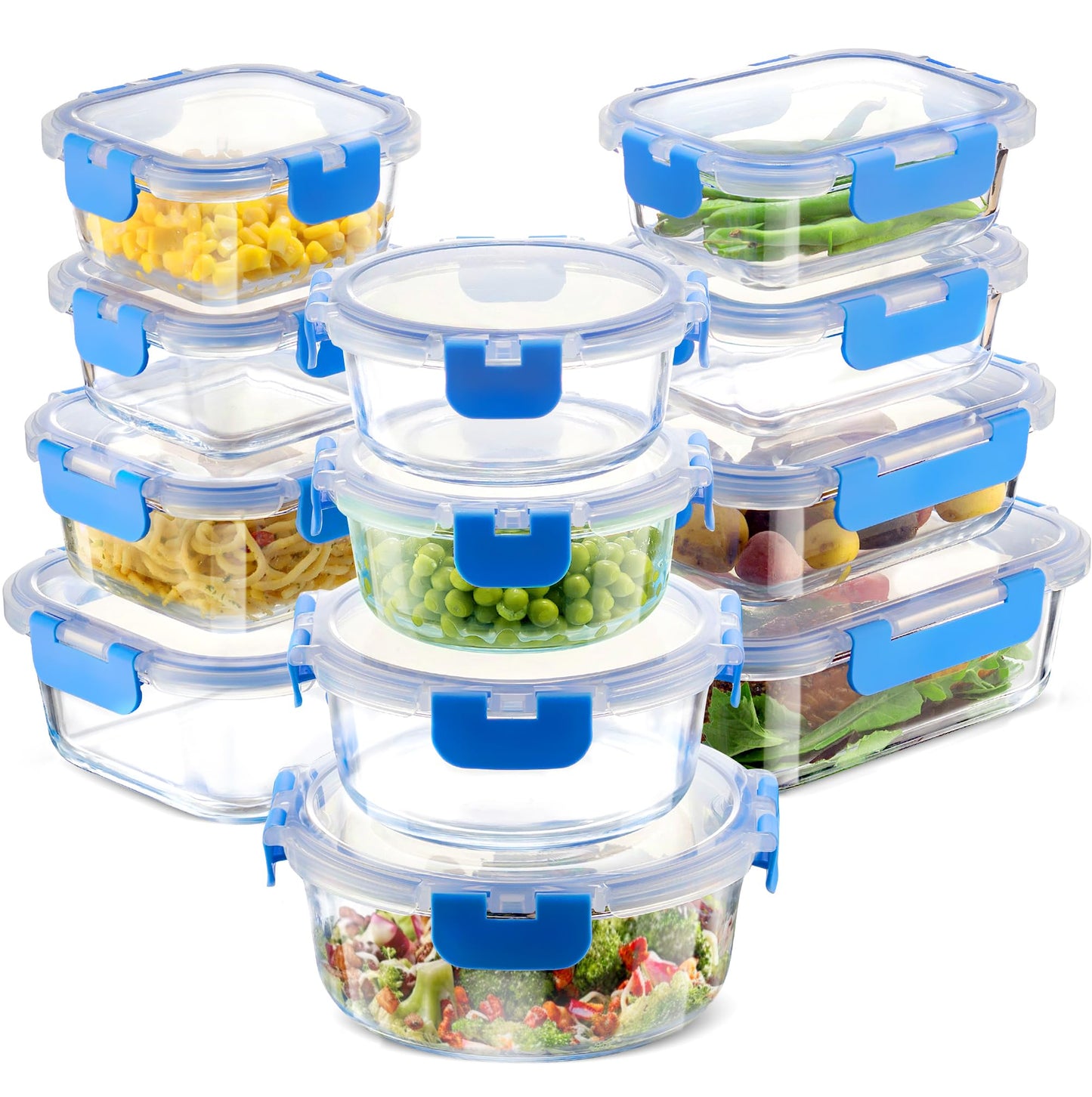 FineDine 24 Piece Glass Storage Containers with Lids - Leak Proof, Dishwasher Safe Glass Food Storage Containers for Meal Prep or Leftovers (Blue, 12 Piece)