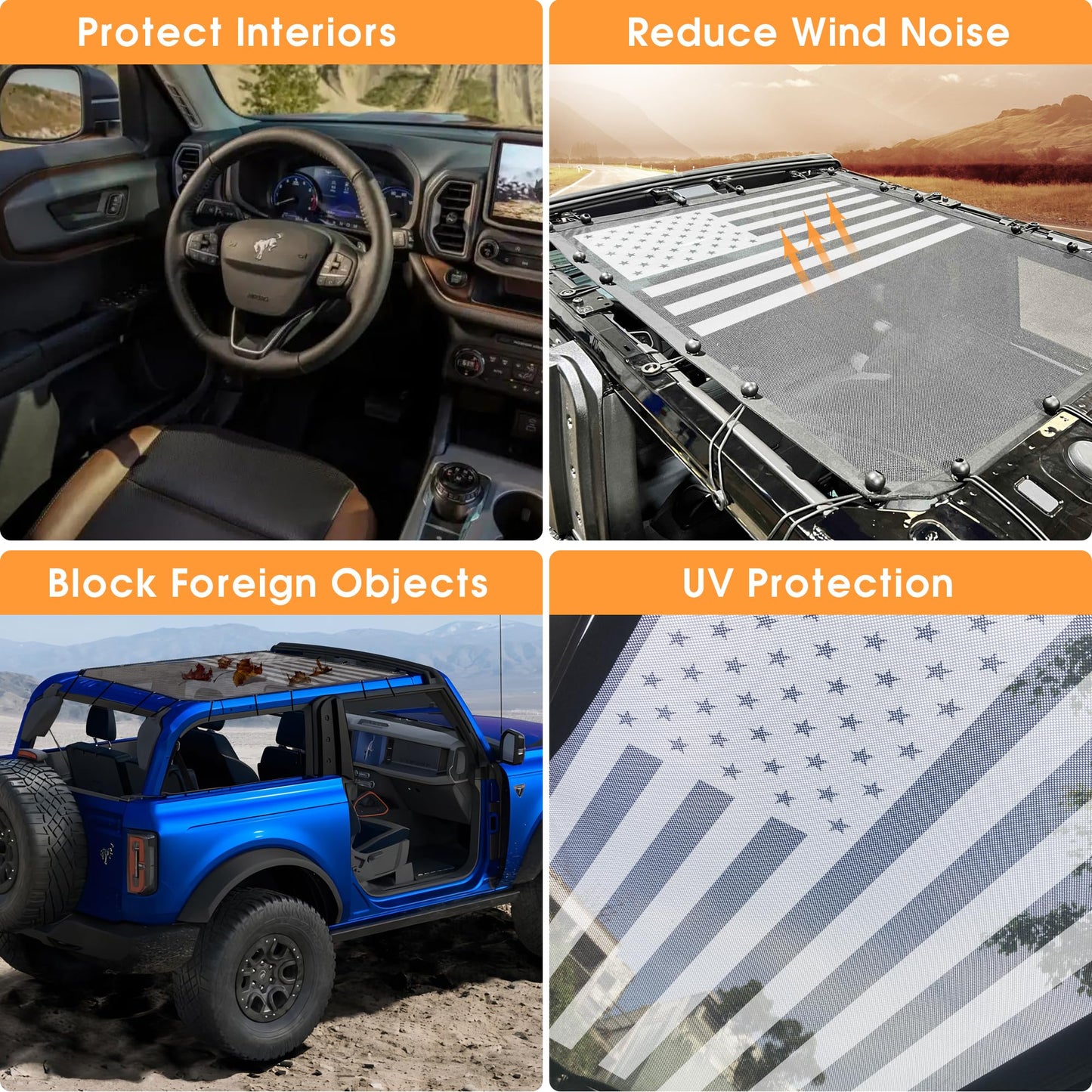 BESTAOO Sunshade for Ford Bronco Accessories 2021 2022 2023 2024 2025 4 Door, Front & Rear Full Length Mesh Sun Shade Bimini Top Cover for Bronco 4 Door - Blocks UV, Wind, Noise (USA Flag)