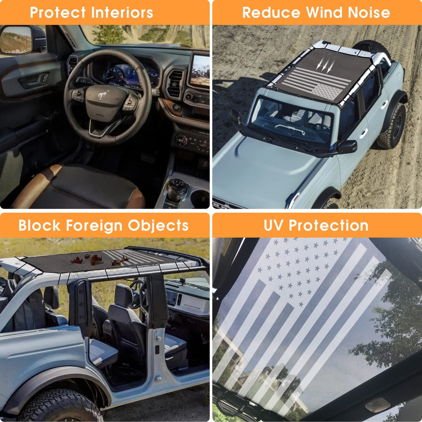 BESTAOO Sunshade for Ford Bronco Accessories 2021 2022 2023 2024 2025 4 Door, Front & Rear Full Length Mesh Sun Shade Bimini Top Cover for Bronco 4 Door - Blocks UV, Wind, Noise (USA Flag)