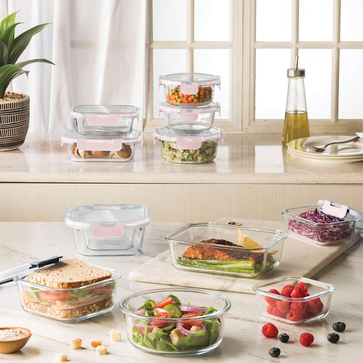 FineDine 24 Piece Glass Storage Containers with Lids - Leak Proof, Dishwasher Safe Glass Food Storage Containers for Meal Prep or Leftovers (Blue, 12 Piece)