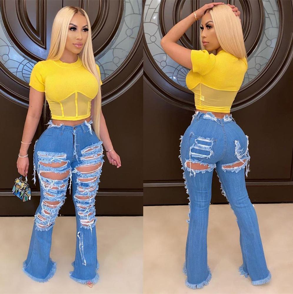 Wide Leg Ripped Personality Street  Horn Bell Bottom Denim Pants Jeans Women