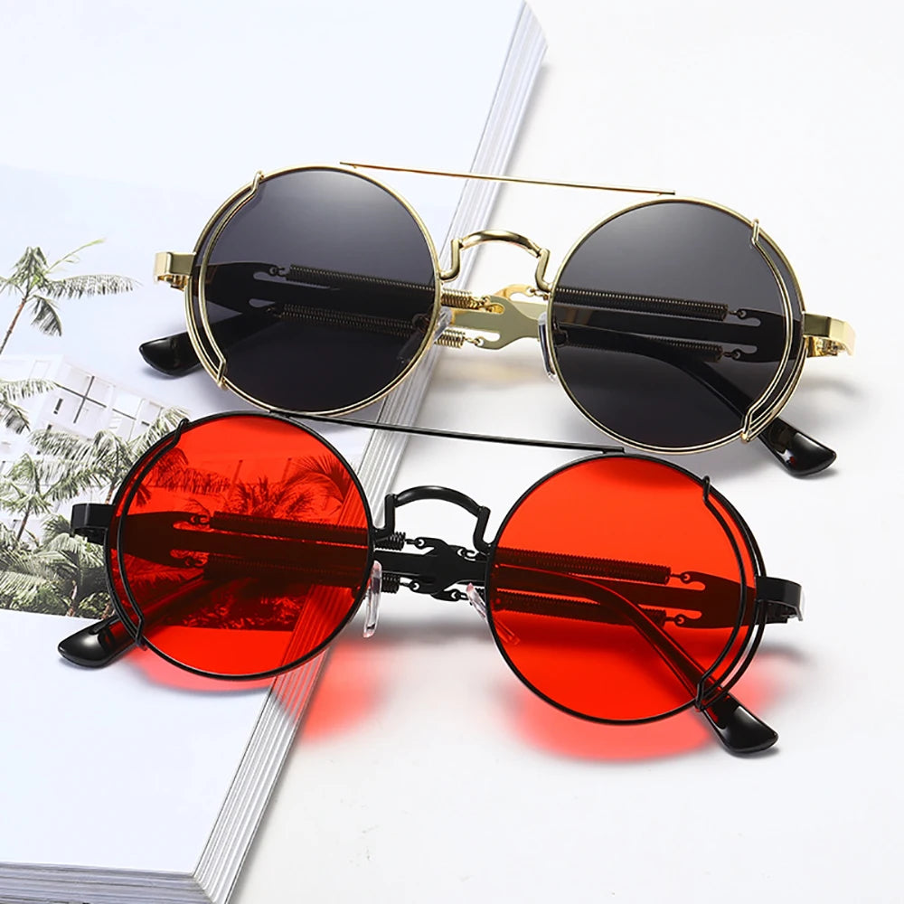 VIVIBEE Steampunk Sunglasses Men Round Red Lens Punk Sun Glasses 2025 new produt