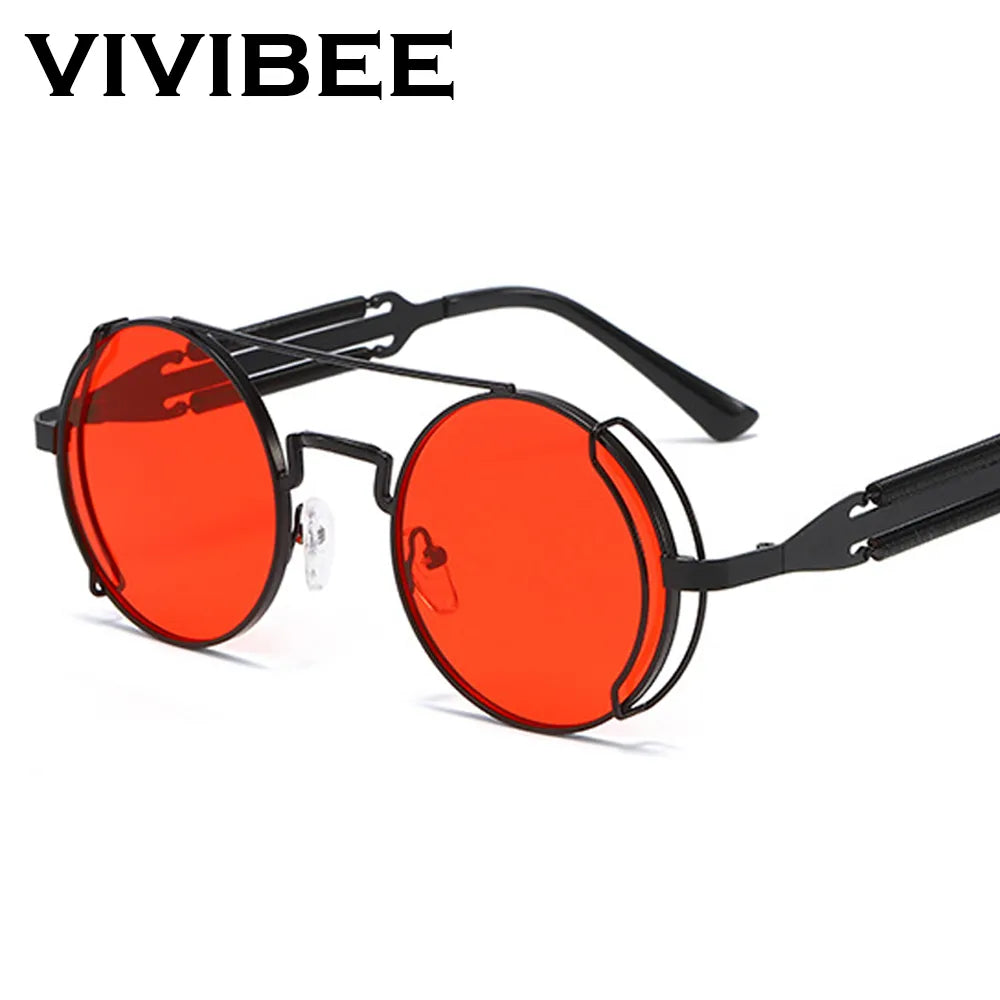 VIVIBEE Steampunk Sunglasses Men Round Red Lens Punk Sun Glasses 2025 new produt