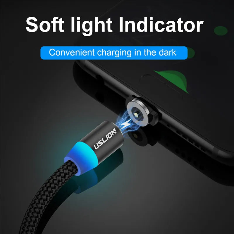 USLION LED Magnetic USB Cable Fast Charging USB Type C Phone Cable Magnet Charger Data Charge Micro USB for iPhone 14 for Xiaomi