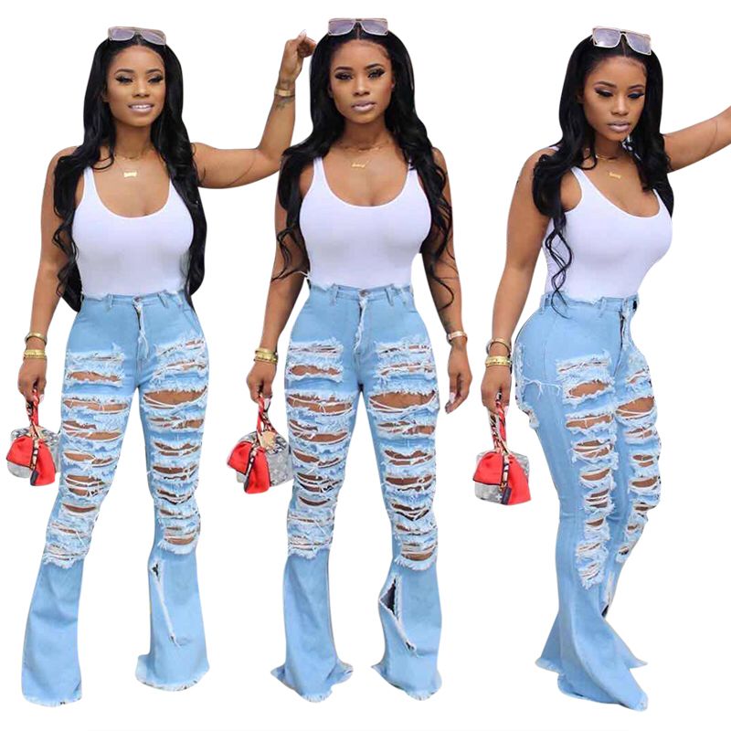 Wide Leg Ripped Personality Street  Horn Bell Bottom Denim Pants Jeans Women