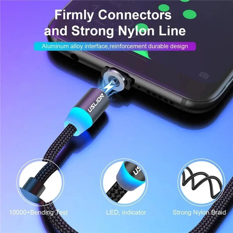 USLION LED Magnetic USB Cable Fast Charging USB Type C Phone Cable Magnet Charger Data Charge Micro USB for iPhone 14 for Xiaomi