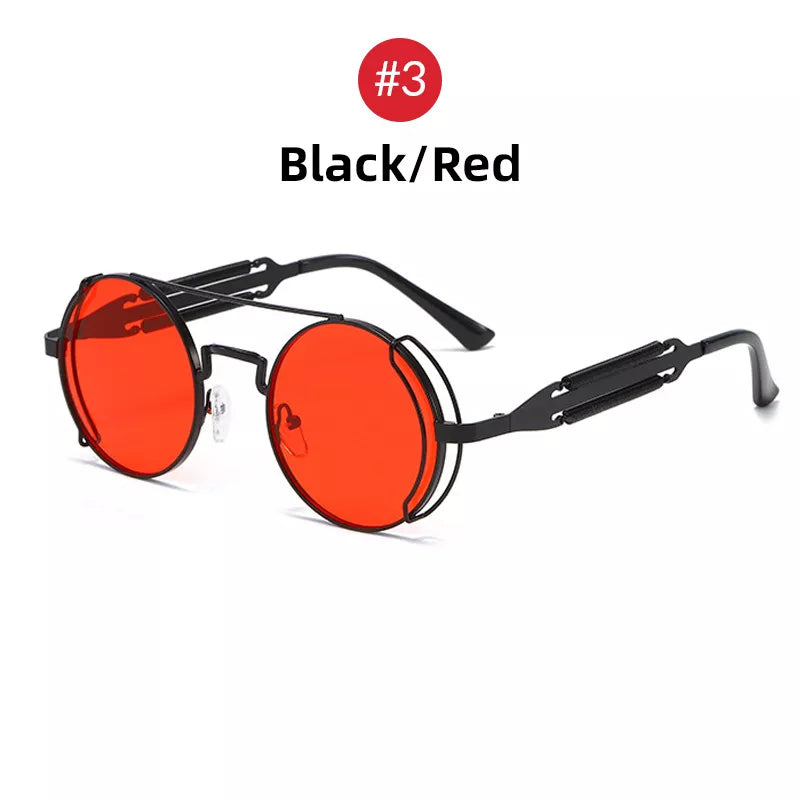 VIVIBEE Steampunk Sunglasses Men Round Red Lens Punk Sun Glasses 2025 new produt